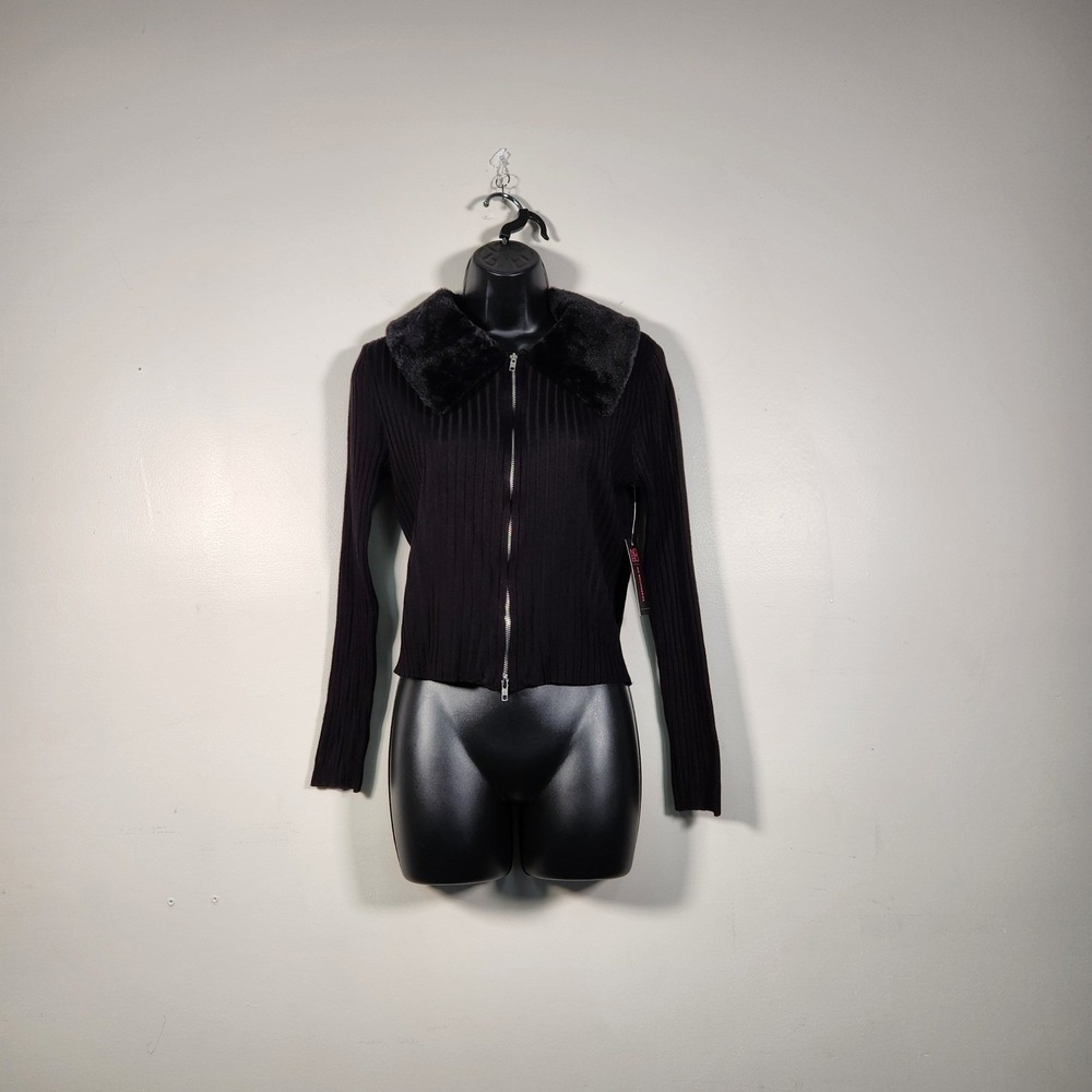 NO BOUNDARIES Cardigan Sweater Women L Black Faux Fur Collar Ribbed Zip Up Goth